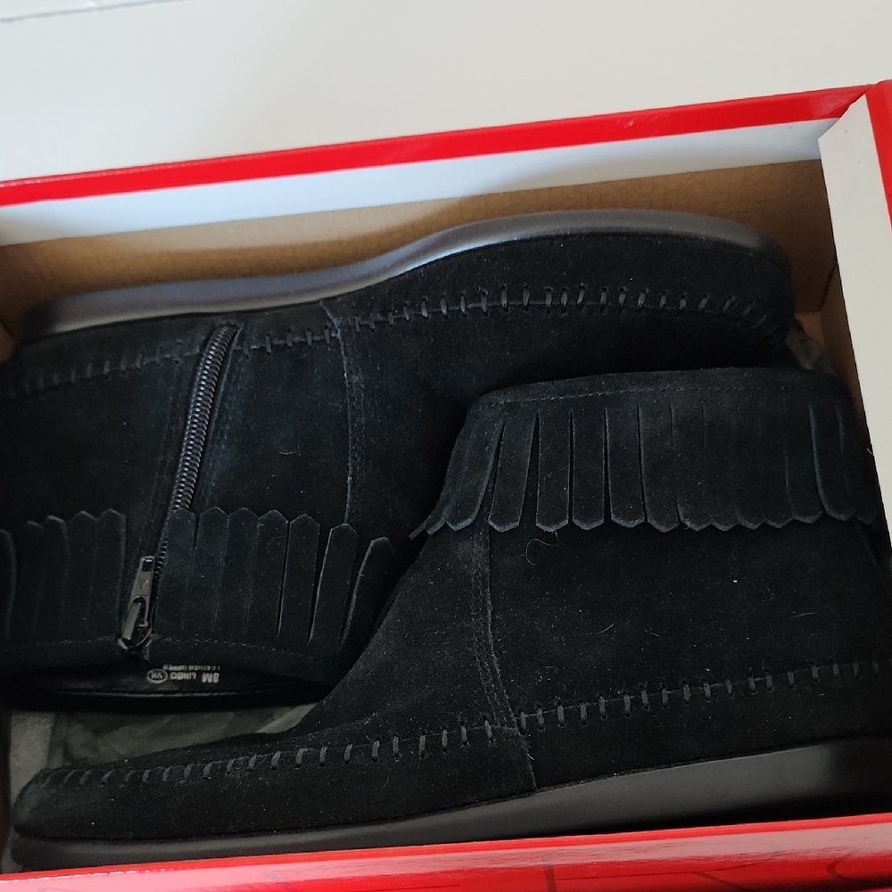 AEROSOLES Black Ankle Boots with Fringe Detail